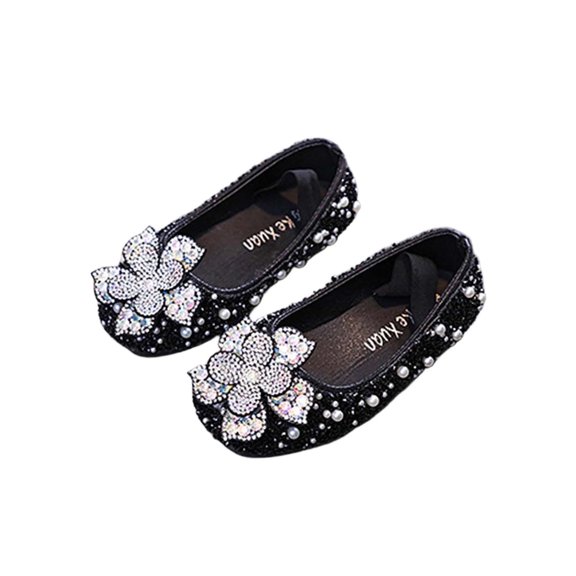 Xfvqtps Sparkle Princess Mary Jane Ballet for Girls Elastic Strap Close Toe Pearl Flower Sequin Rhinestone Spring Summer Dressy Casual Shoes