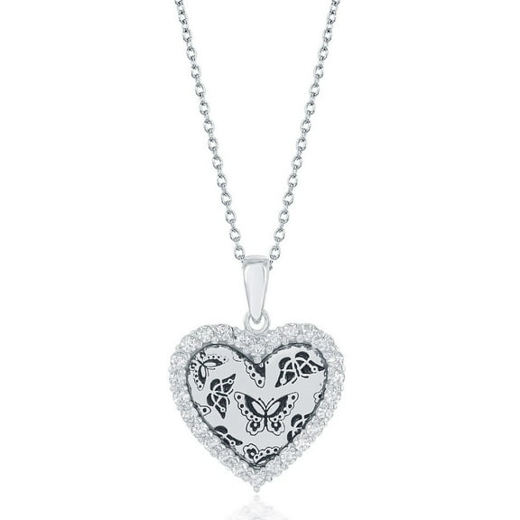 iJewelry2 Sterling Silver CZ Border Heart with Butterfly Designs Pendant Necklace 18''