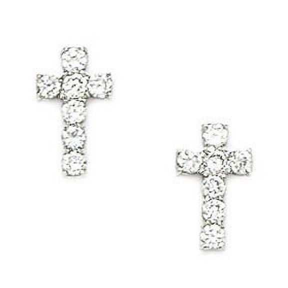 14k White Gold Cubic Zirconia Small Cross Screw-Back Earrings - Measures 11x6mm