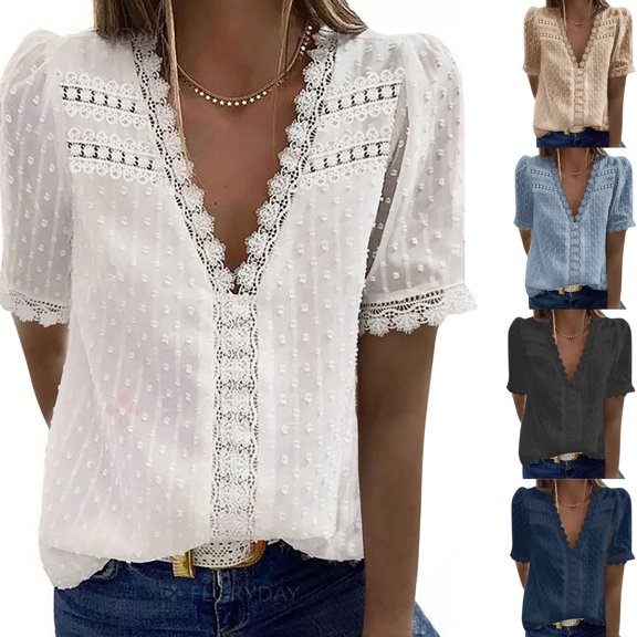 safuny Women's Trendy Lace Crochet Tops Clearance Solid Tops Short Sleeve Tees V Neck Shirts Swiss Dot Vintage Clothing 2024 Fashion Summer Blue L
