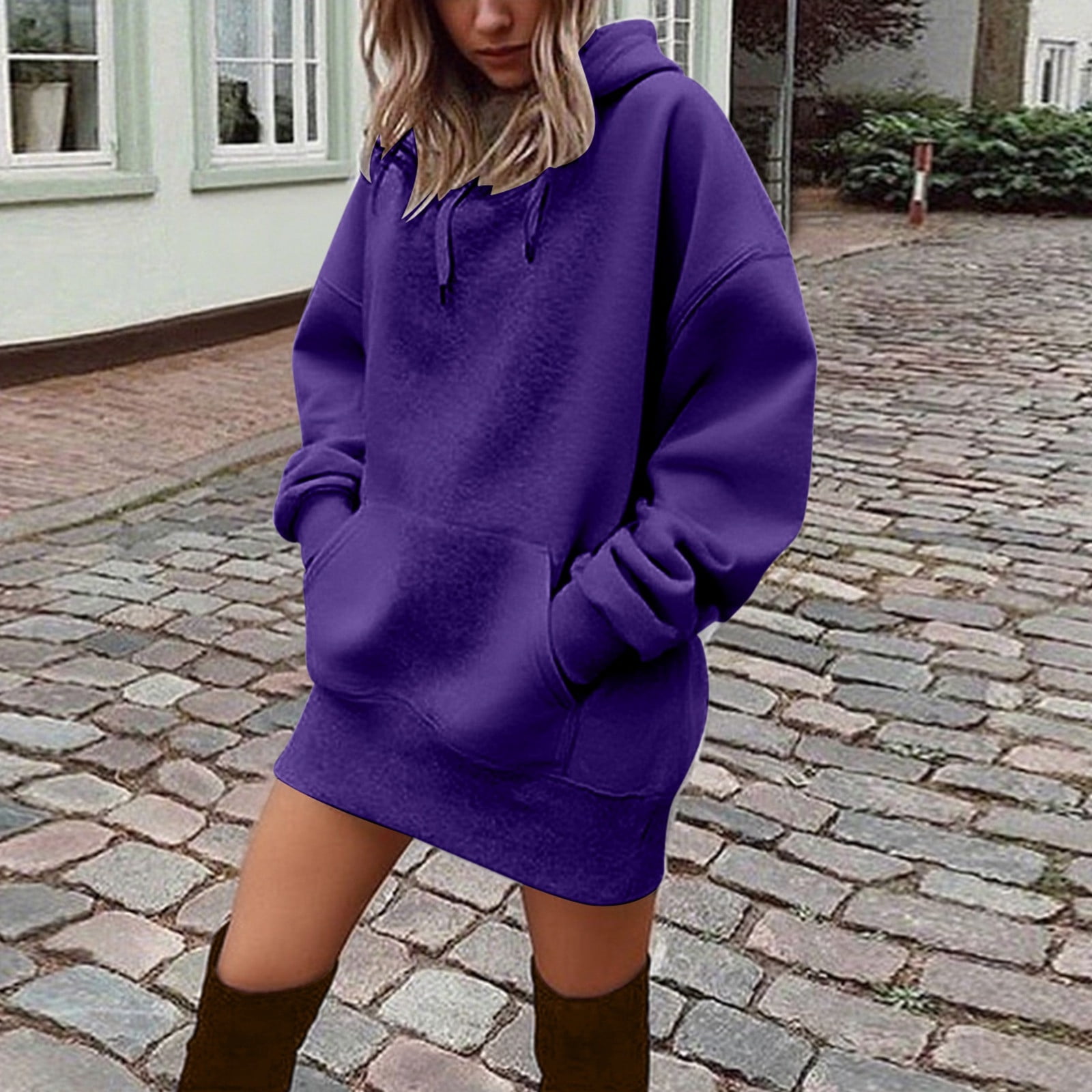 FEIFLY Women Hoodies Dress Hooded Sweatshirts Dress Casual Long Sleeve  Tunic Dress Oversized Sweatshirts With Pocket Solid Color Cozy Outwear