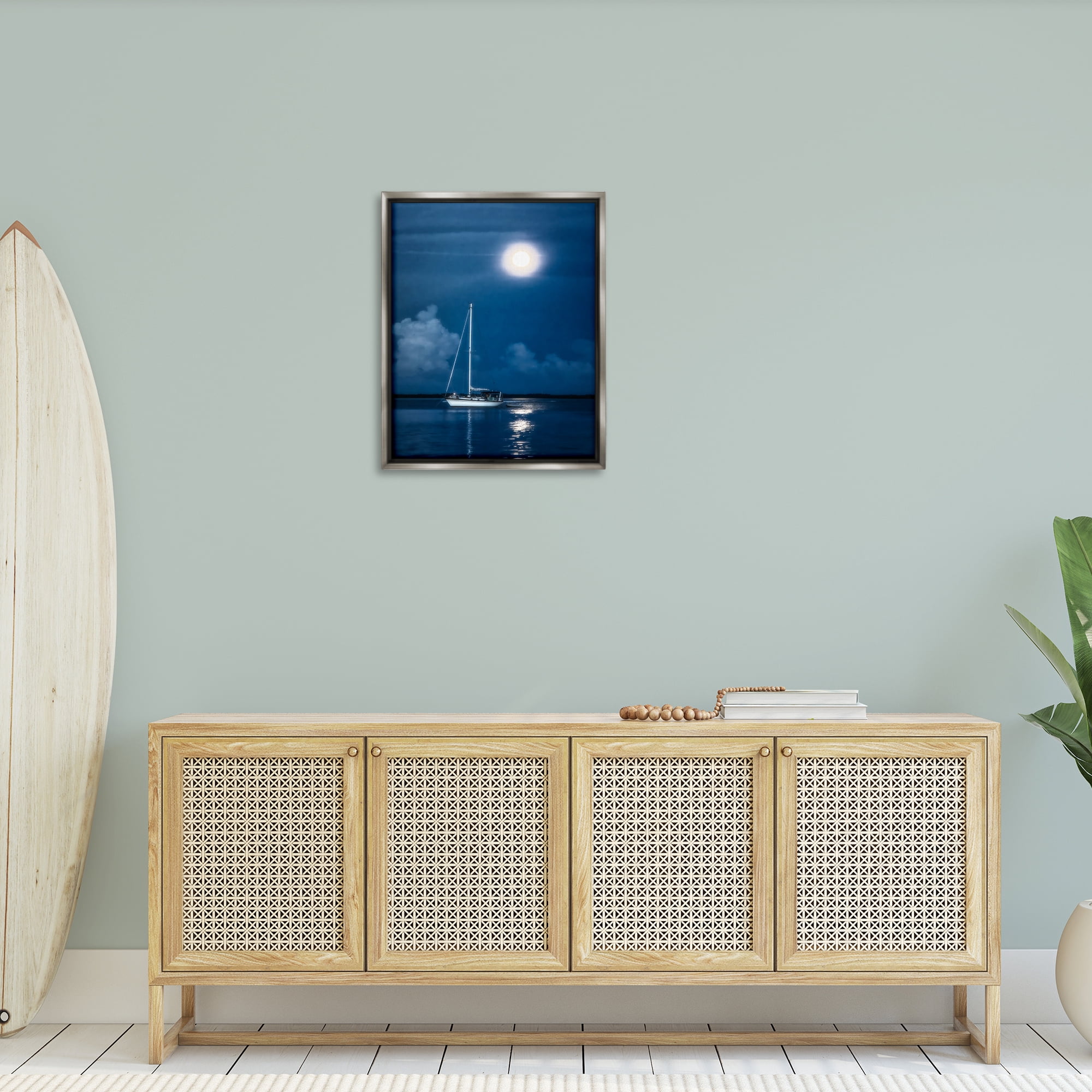 Stupell Industries Moonlit Nighttime Sailing Nautical & Beach Photography Gray Floater Framed Canvas Art Print Wall Art, 25 x 31