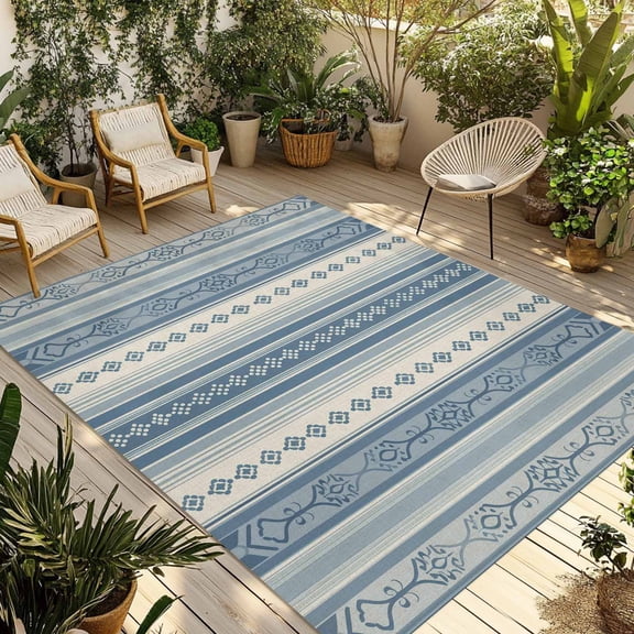 Fsddascl Blue Geometric Outdoor Rug for Patio/Deck/Porch, Non-Slip Large Area Rug 4 x 6 Ft, Modern Abstract Art Vintage Boho Indoor Outdoor Rugs Washable Area Rugs, Reversible Camping Rug Carpet