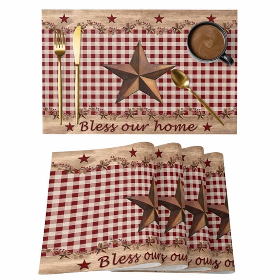 Placemats Set of 6, Western Texas Star Vintage Woven Placemat, Linen Place Mats for Kitchen/Dining Tables, Rustic Wreath Wood Red Plaid Washable Table Mats for Party