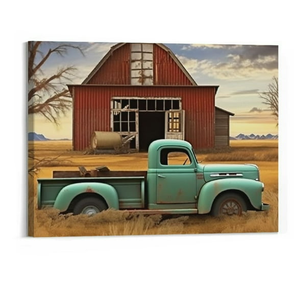 Creowell Farmhouse Truck Wall Art, Old Truck Wall Art,Farmhouse Barn Canvas Wall Art, Teal Truck with Window Picture for Country Wall Decor, Wall Painting for Home Decor 20x16 Inch
