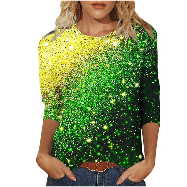 Imprimir el Día de San Patricio de las Mujeres Suelto Casual 3/4 Manga Cuello Redondo Camiseta Suéter, Poliéster No Estructurado Top para la Fiesta