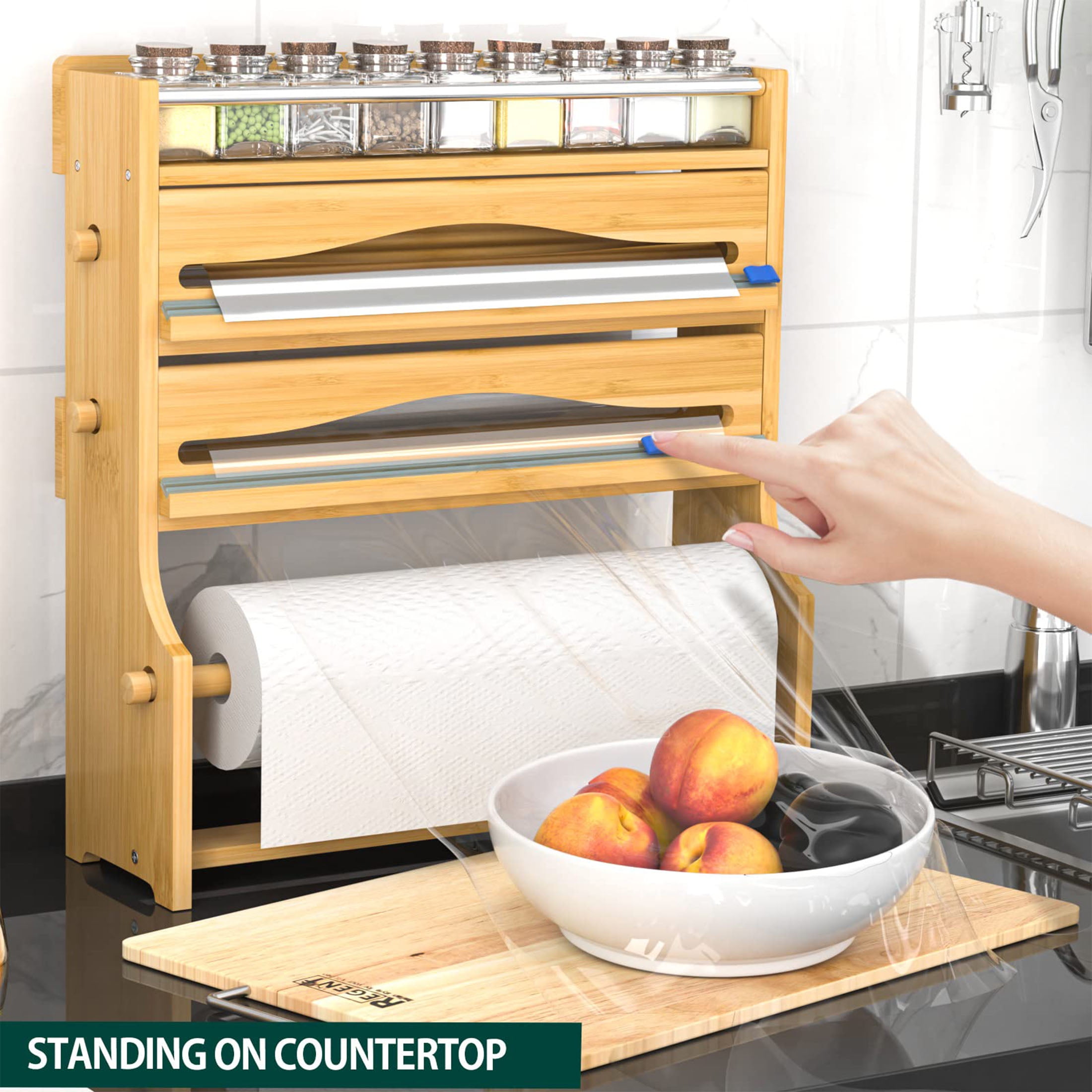 Bambloom Foil Plastic Wrap Organizer Dispenser,Wall Mounted Paper Towel Holder & Spice Shelf, 4 in 1 Bamboo Kitchen 12" Roll Dispenser with Cutter