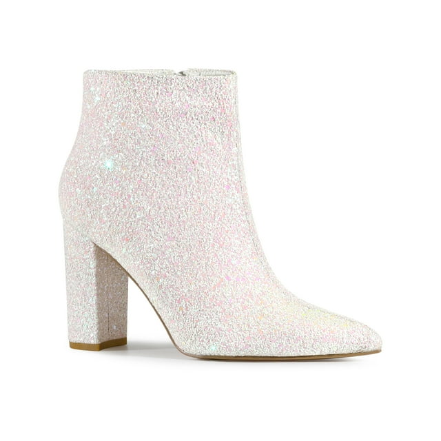 Unique Bargains Bottines Scintillantes à Paillettes pour Femme à Bout Pointu à Talon Épais Bottines Cheville Blanches (Taille 5,5)