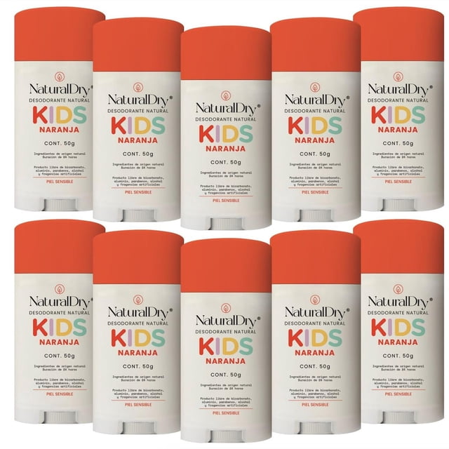 naturaldry - pack 10 kids piel sensible- desodorante sin bicarbonato de sodio - natural para niños - pack de 10 desodorantes Kids Naranja NaturalDry, vista frontal centrada con tapas naranja y envases blancos, etiqueta 50 g y 'piel sensible' legible; formulado sin bicarbonato según especificación, indicado usualmente desde 8 años y adecuado para actividades deportivas o escolares.