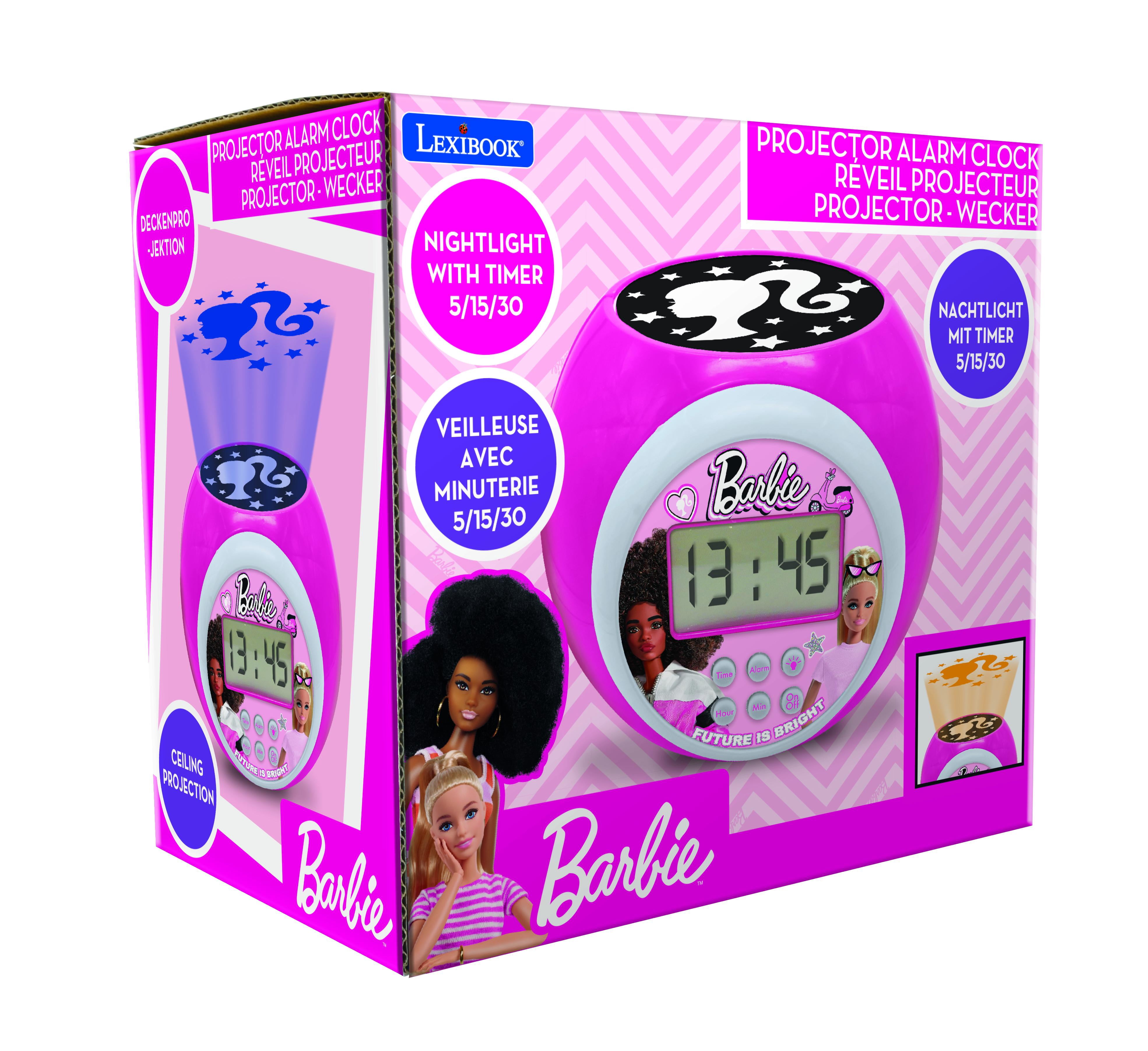 Lexibook, Barbie, Projector Alarm Clock with Alarm and Snooze Function, Night Light with Timer, LCD Screen, Battery Operated