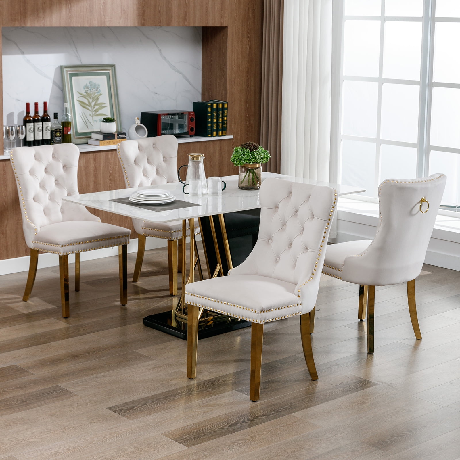 ODUSE-DAILY Beige Velvet Dining Chairs Set of 4, Kitchen & Dining Room Chairs, Nailheads Tufted, Sillas De Comedor, Fabric Upholstered, Golden Metal Legs (Beige, 4 Pcs)
