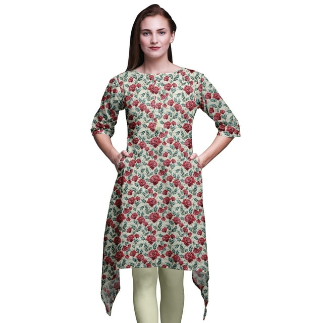 Bimba Yellow Text & Ranunculus Floral Indian Tunic Tops For Girls Printed Casual Top For Women Ethnic Kurti X-Large