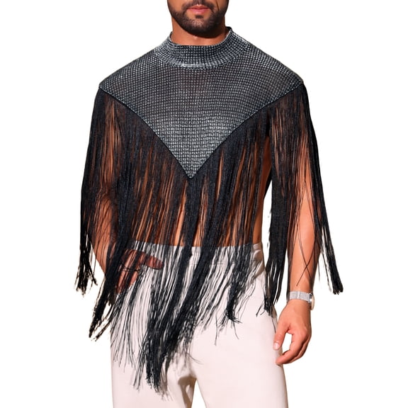 INSPIRE CHIC Men's Mock Collar Sleeveless Patchwork Sequins Fringe Vest M Silver