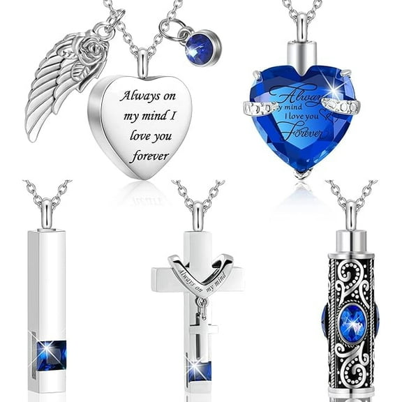 5 Pack Urn Necklace for Ashes Heart / Cross / Cylinder Cremation Jewelry for Ashes Memorial Keepsake Urn Pendant Stainless Steel Cremation Jewelry for Women Men
