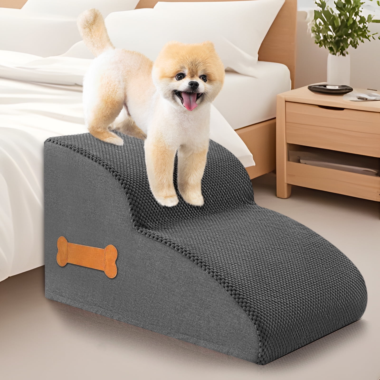 Memory Foam Pet Stairs, 2/3 Step Dog Ramp for Dogs and Cats, Soft Non-Slip Sponge Steps for Beds and Sofas, Washable Cover, Gray