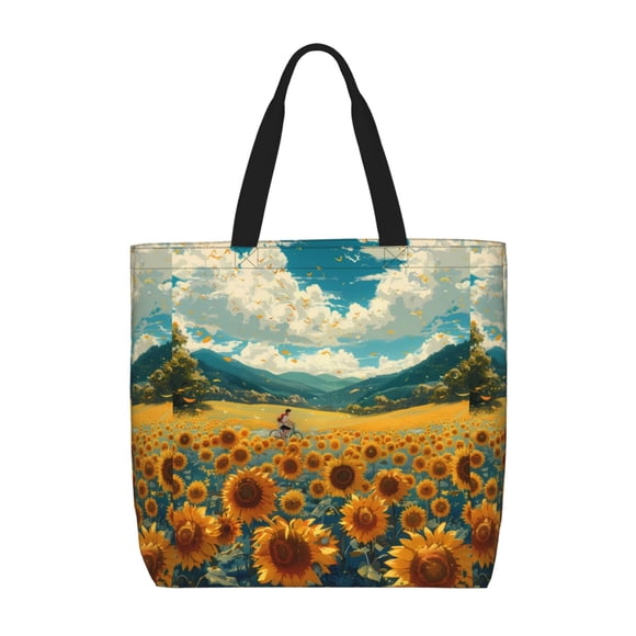 Fotbe Field Style Bicycle Young Sunflower Bolsa Tote con Estampado para Mujer, Bolsos con Cremallera, Bolsa de Hombro Casual de Gran Capacidad con Bolsillos Internos