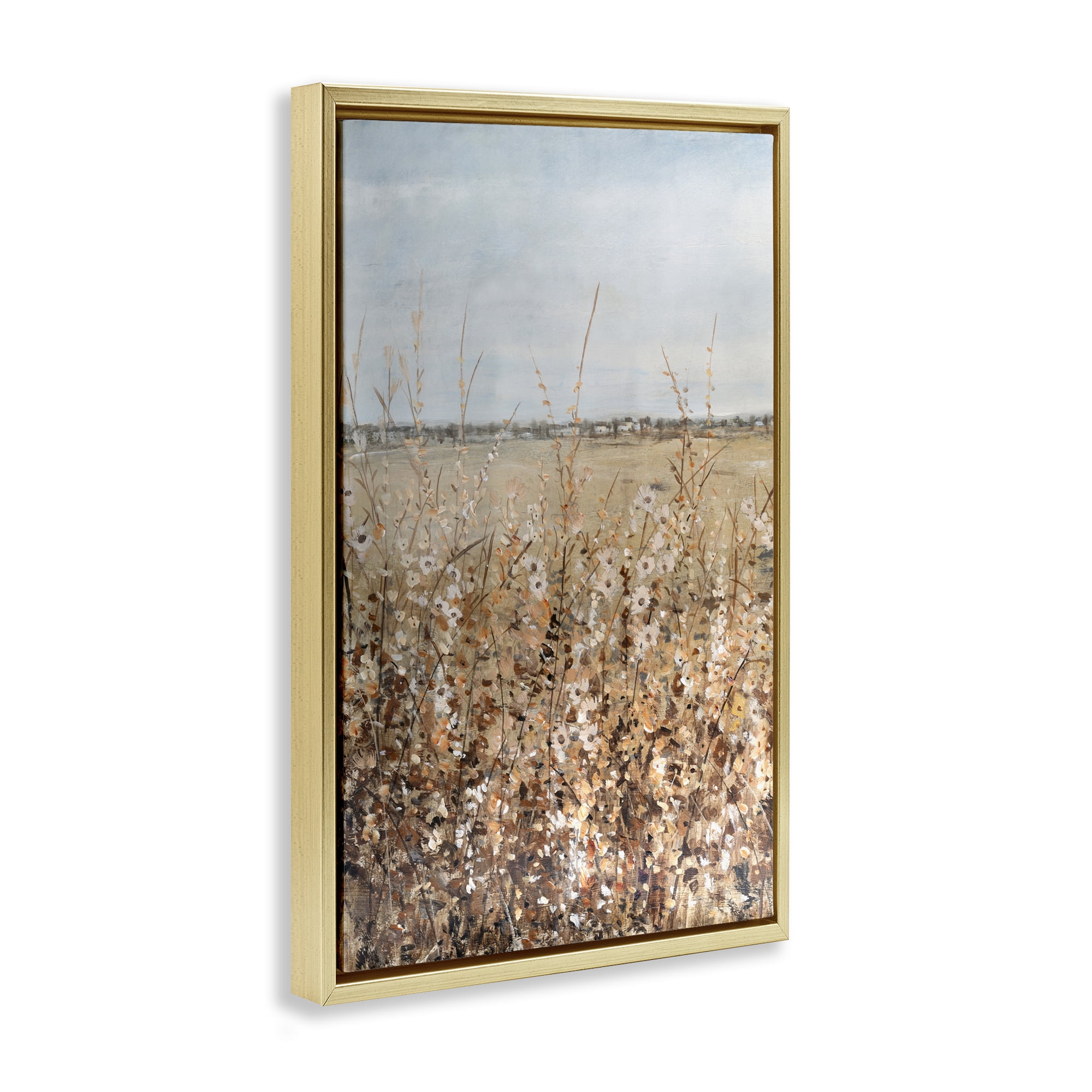 Stupell Industries Neutral Meadow Sprigs Landscape & Nature Painting Gold Floater Framed Canvas Art Print Wall Art, 21 x 31