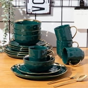 LOVECASA Dinnerware Sets, Stoneware Dinner Set for 8, 32-Piece Round Dark Green and Gold, Series Sweet