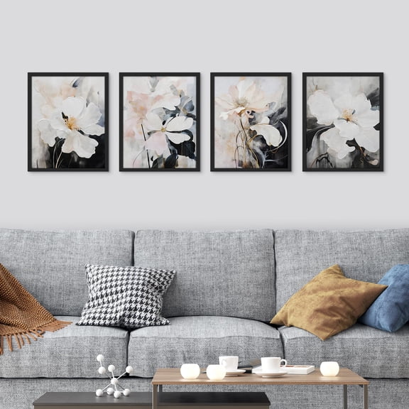 PixonSign Framed Wall Art Elegant Magnolia Prints, Set of 4 Watercolor Soft Floral Paintings, Nature Wilderness Wall Décor, Vintage Retro Adhesive Canvas Posters for Bedroom - 12"x16" Black