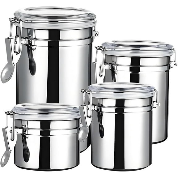 Jioakfa Set Of 4 Stainless Steel Canisters, Airtight Food Storage Canister Set With Clear Lid Kitchen Containers Sets For Coffee Bean, Cereal, Sugar, Flour, Tea, Candy, Cookie, Spice A