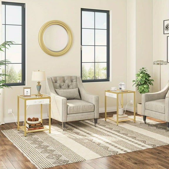 Side Table with Charging Station, Set of 2 End Tables with USB Ports, Nightstand for Tight Spaces, Tempered Glass, Modern Metal Frame, for Office, Bedroom, Living Room, Golden