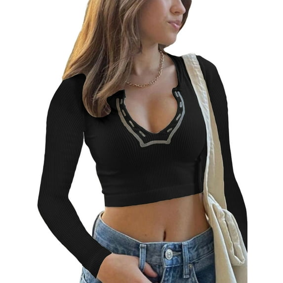 Pudcoco Women Short Top Shirt Long Sleeve Patchwork Ribbed Front Button V-Neck Cropped Tops Ladies Spring/Summer Slim Navel Shirt