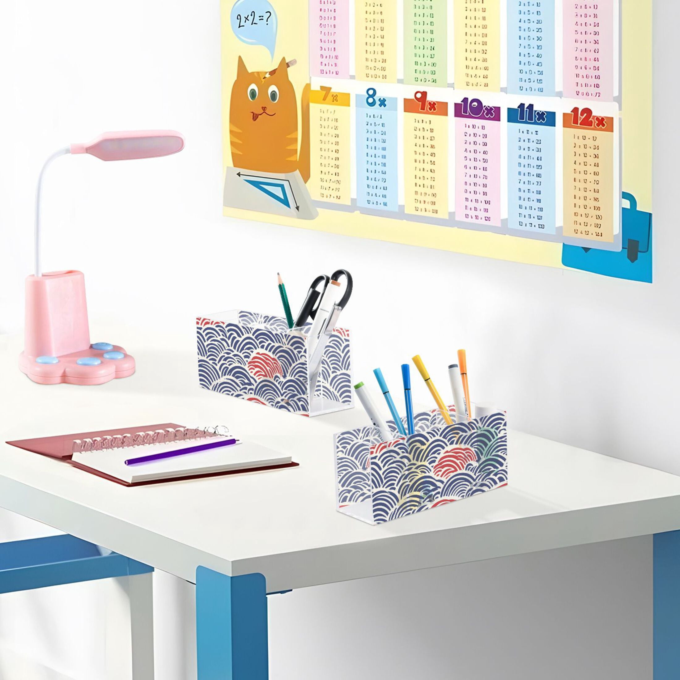 Pen Holder 4 Compartments Acrylic Pencil Cup Desktop Makeup Organizer Office Supplies Red Blue Japanese Wave