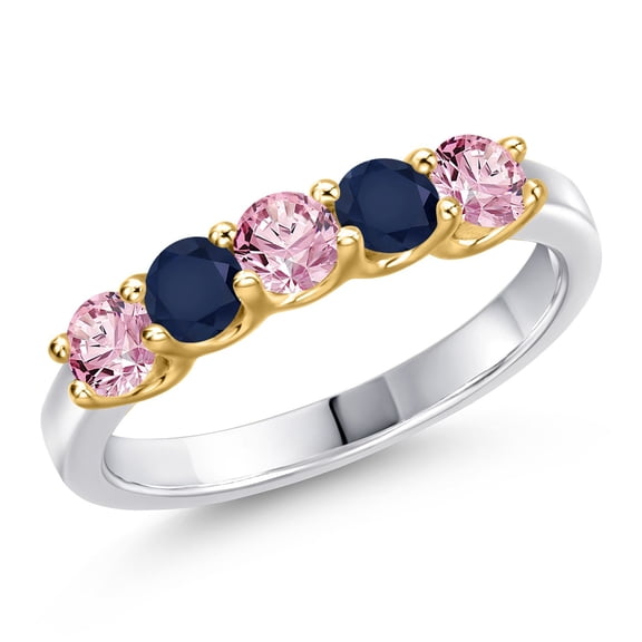 Gem Stone King 925 Silver and 10K Yellow Gold Pink Lab Grown Diamond and Blue Sapphire Wedding-Bands Ring for Women | 0.98 Cttw | Round 3.5MM | Gemstone April Birthstone | Size 7