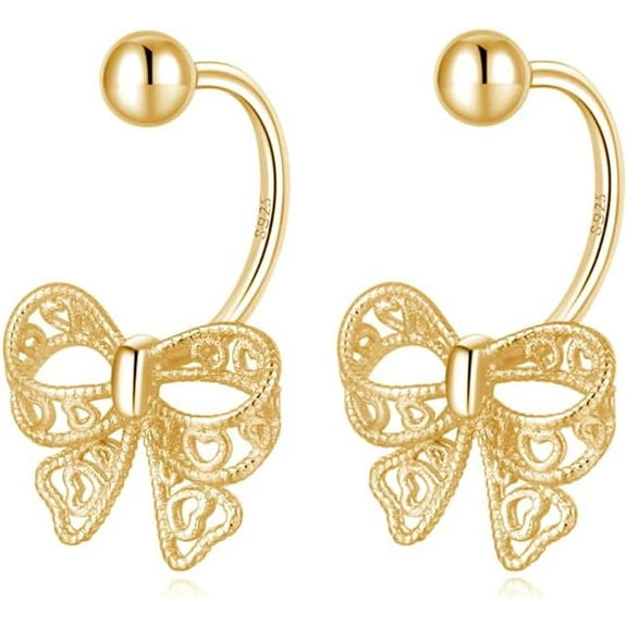 Solid 925 Sterling Silver Bow Half Hoop Earrings Huggie for Women Teens Bowknot Hoop Earrings Open Hoops