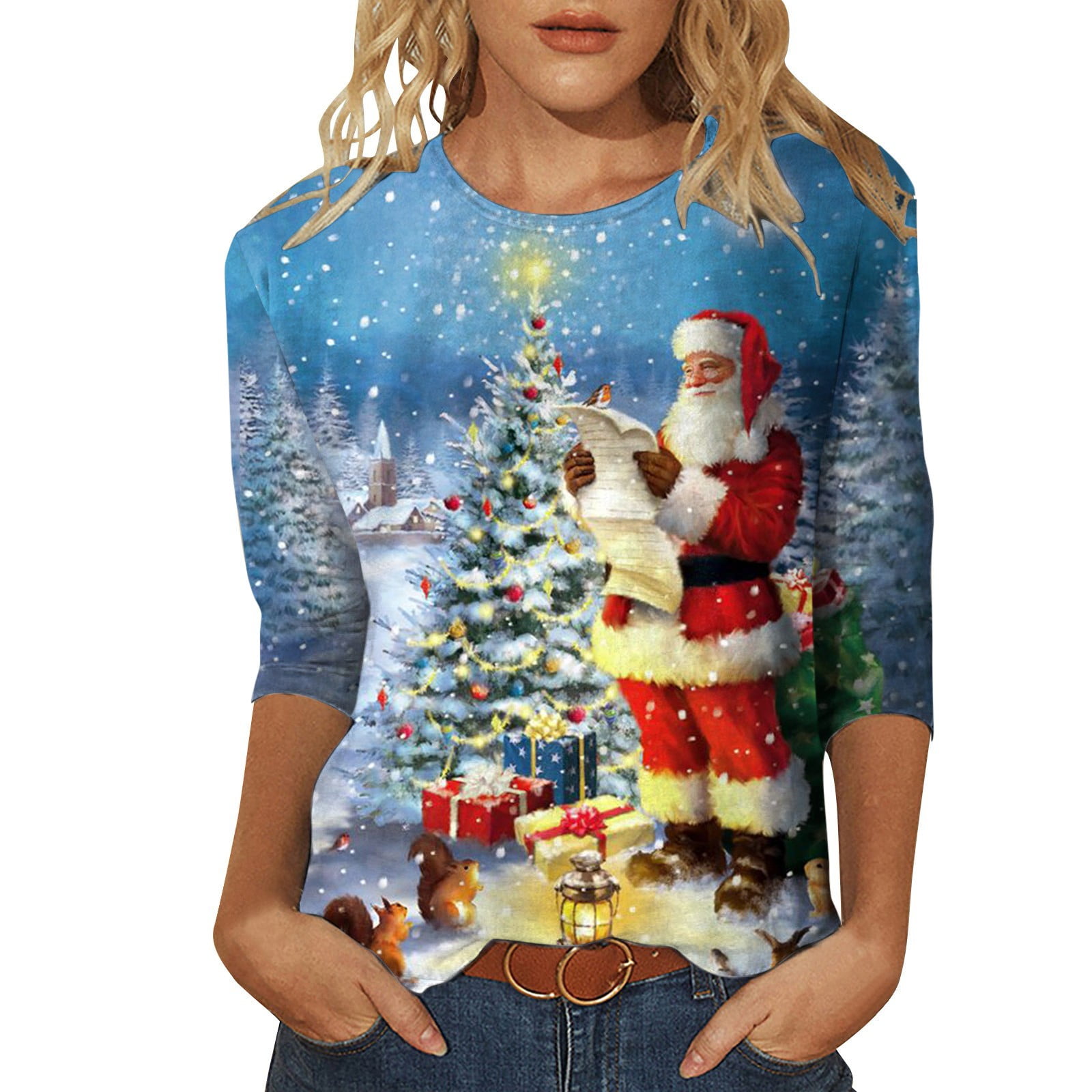 DNDKILG Christmas Tshirts Shirts for Crewneck Classic-Fit Causal Top Tee Tunic 3/4 Sleeve T Shirts Sky Blue S - Walmart.com