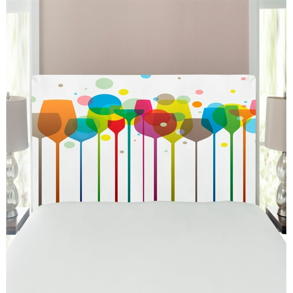 Winery Headboard, Colorful Wine Glasses Alcohol Drink Beverage Fizzy Champaigne Party Bar Art Design, Upholstered Decorative Metal Bed Headboard with Memory Foam, Twin Size, Multicolor, by Ambesonne