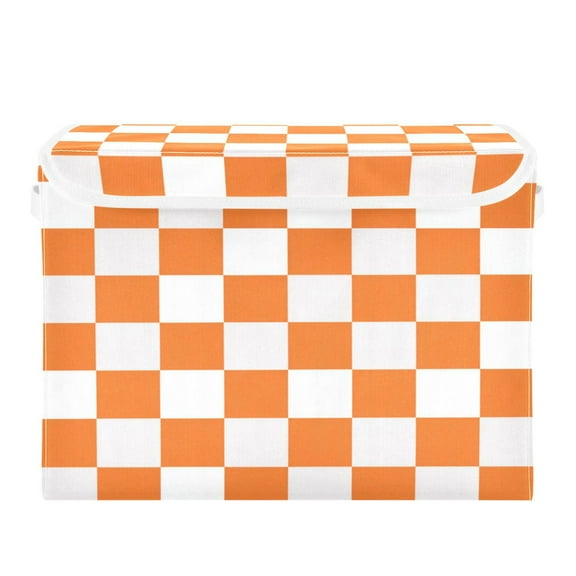 Large Collapsible Storage Box Flip Lid Fabric Decorative Organizer Container Basket with Handles 16.5×12.6×11.8in Orange Checkerboard