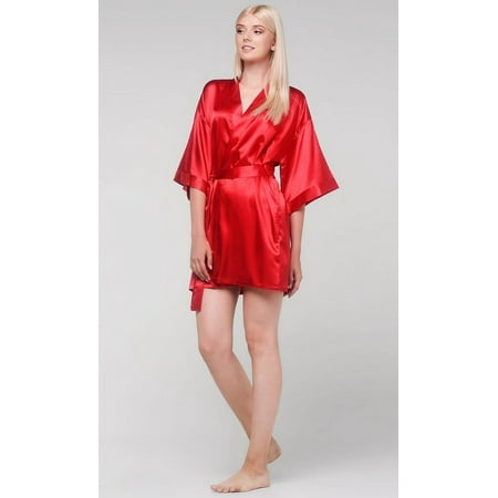 Kimono robes for Women Satin Silk lingerie robe  Short V-Neck For Female Sleepwear Loungewear bridal party bridesmaid wedding - Red - Small