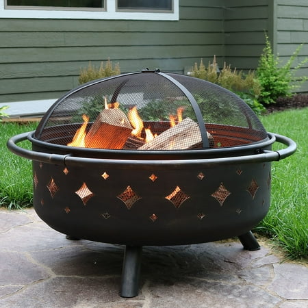 Sunnydaze 36 Inch Brushed Metal Diamonds Fire Pit With Spark