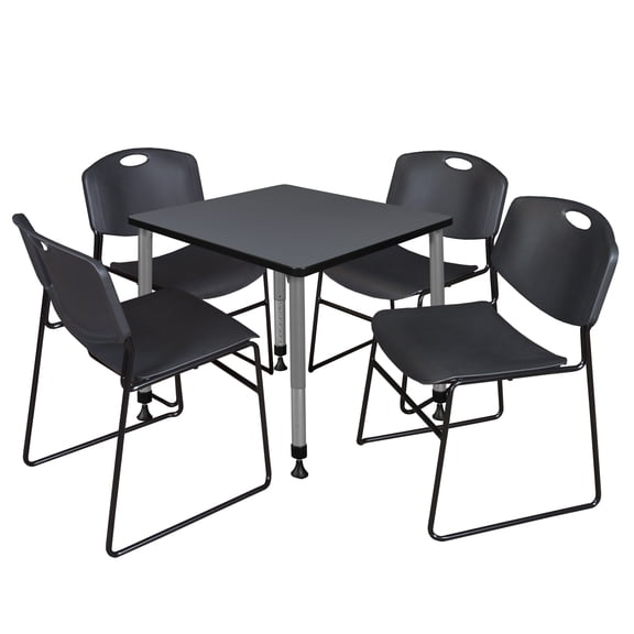 Regency Kee 30 in. Square Adjustable Classroom Table- Grey & 4 Zeng Stack Chairs- Black & Grey Base