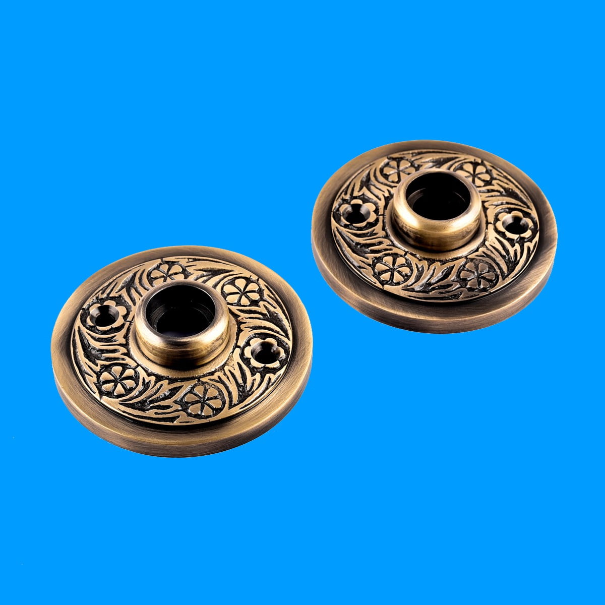 Pair of Victorian Rosette Antique Brass Cabinet Door Knob Rosette 2.5" Dia. Round Decorative Knob Escutcheon Back Plate Tarnish Resistant Rose Covers Renovators Supply Manufacturing Pack of 2