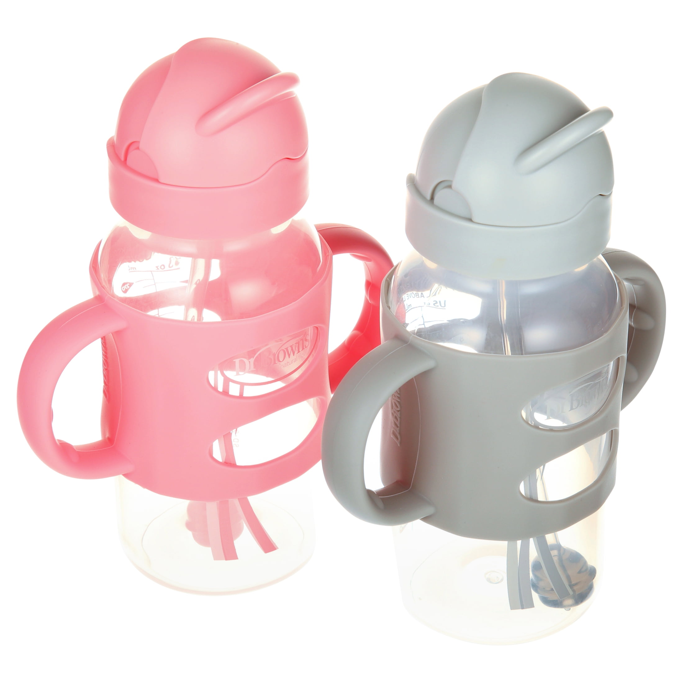 Dr. Brown's Wide-Neck Sippy Straw Bottles with Silicone Handles, Gray and Pink, 9oz/270ml, 2-Pack