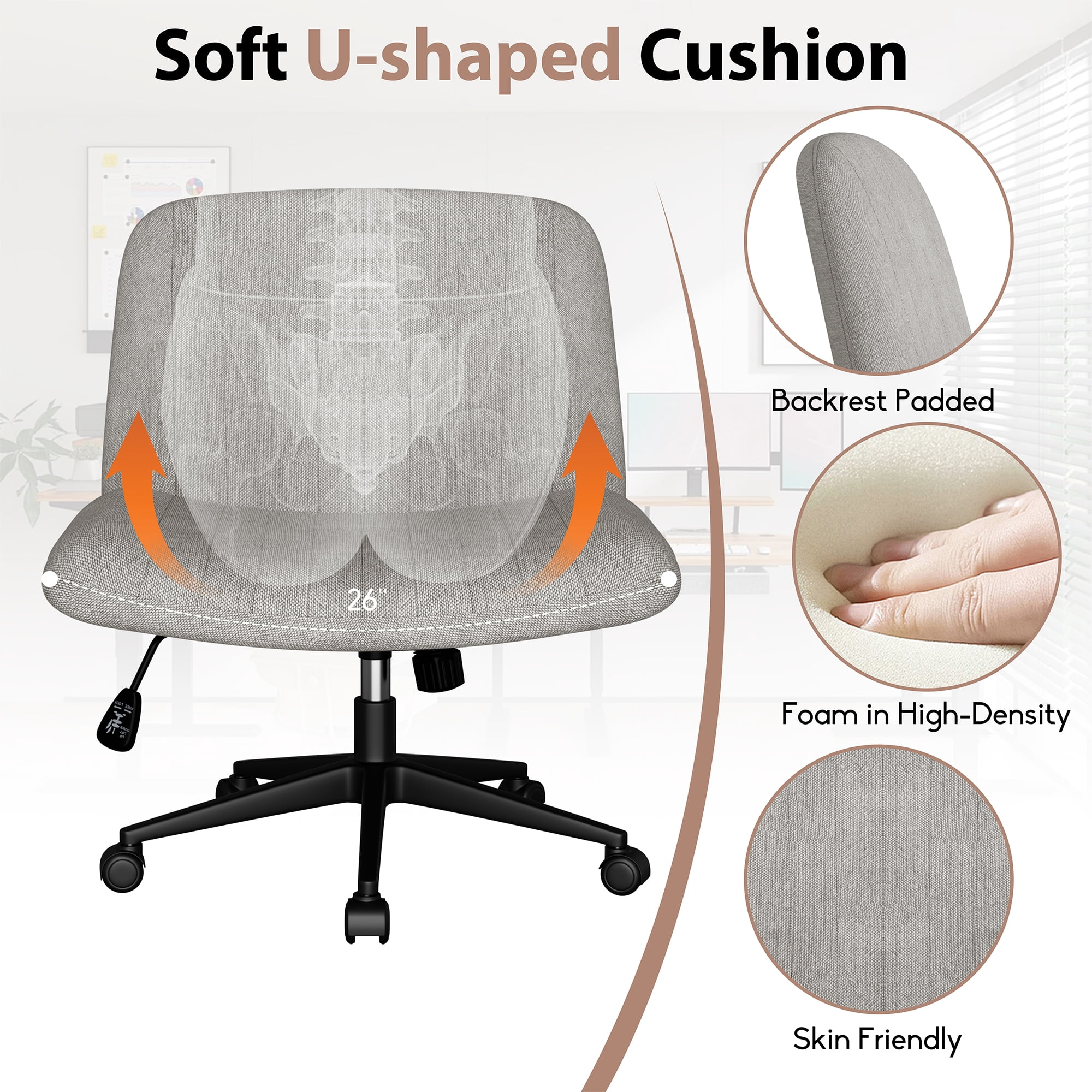 Walsunny Armless Criss Cross Home Office Chair, Fabric Vanity Desk Chair with Wheels, Wide Seat Swivel Task Computer Chair, Gray