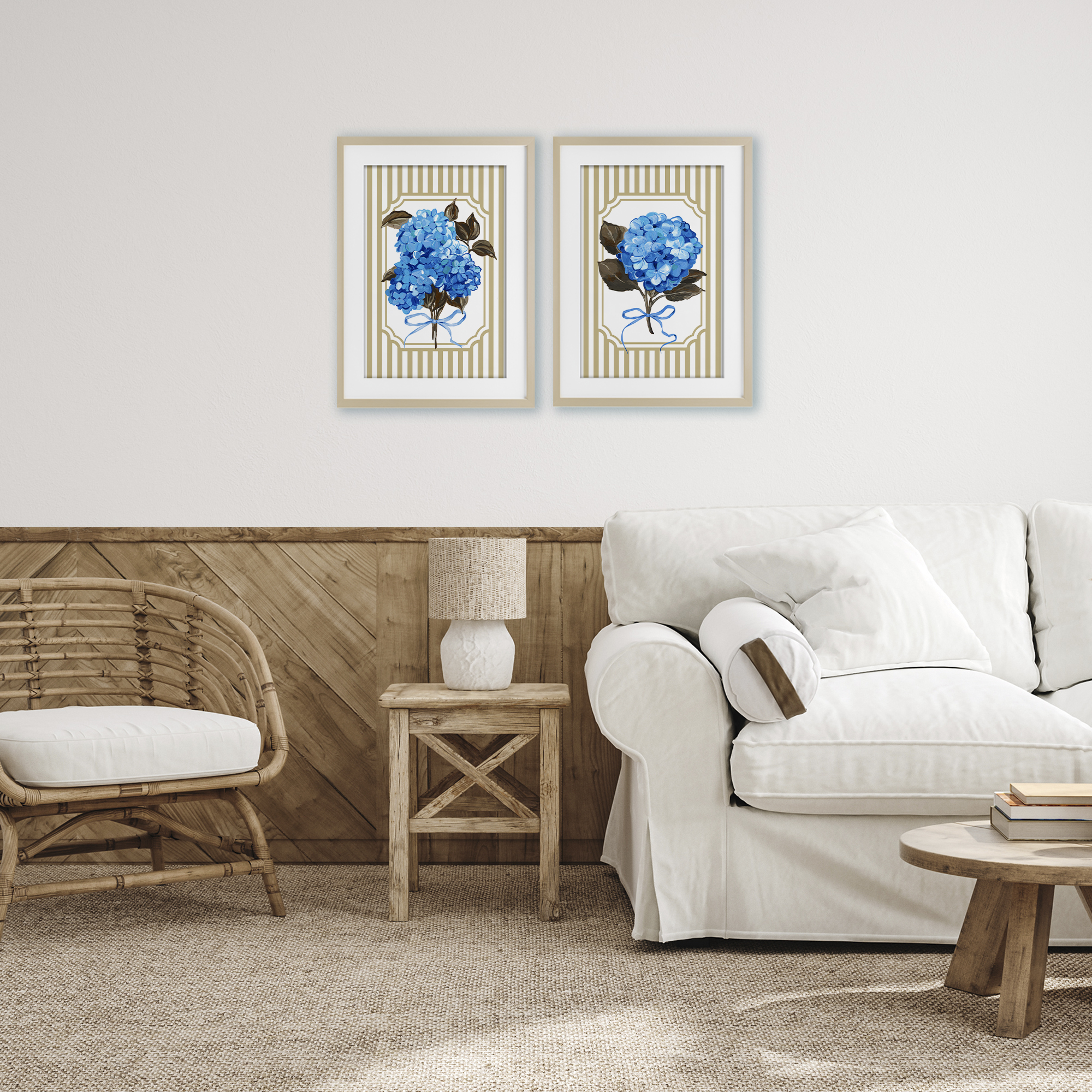 Hydrangea Bouquets with Bows 2 Piece Birch Framed Print Under Glass Set, design by Adonna Ebrahimi