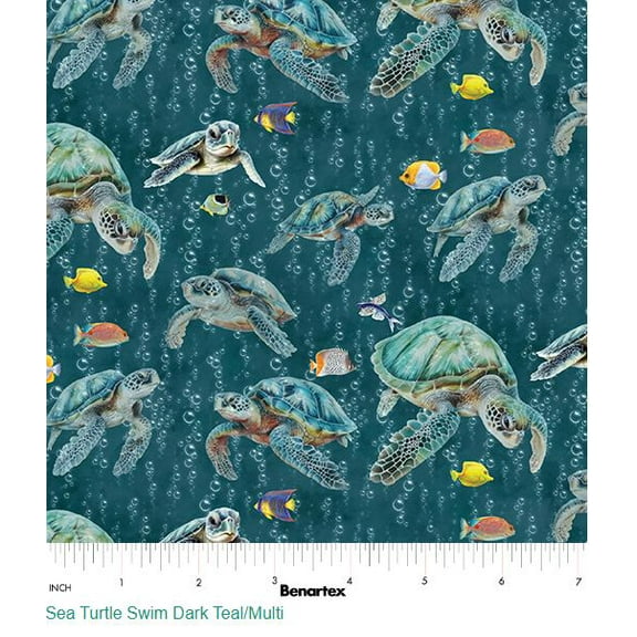Cotton Under the Sea Sea Turtle Swim Realistic Underwater Turtles Tropical Fish Water Bubbles Ocean Benartex Cotton Fabric Print by the Yard (16530-85)