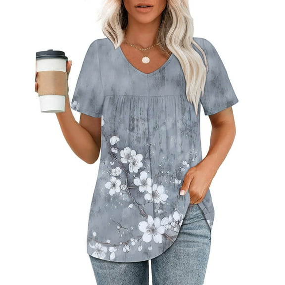 Pincandy Women's Printed V-neck Short-sleeved T-shirt Loose Top Short Sleeve Top Summer Puff Short Sleeve Tunic Pleated V Neck Shirts Casual Floral Solid Blouse,Green,L