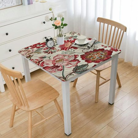 

Floral Square Fitted Polyester Tablecloth Boho Red Flower Berry Elastic Edge Home Decor Tablecloths Stain Resistant Washable Table Clothes For Family Festival Picnic Party