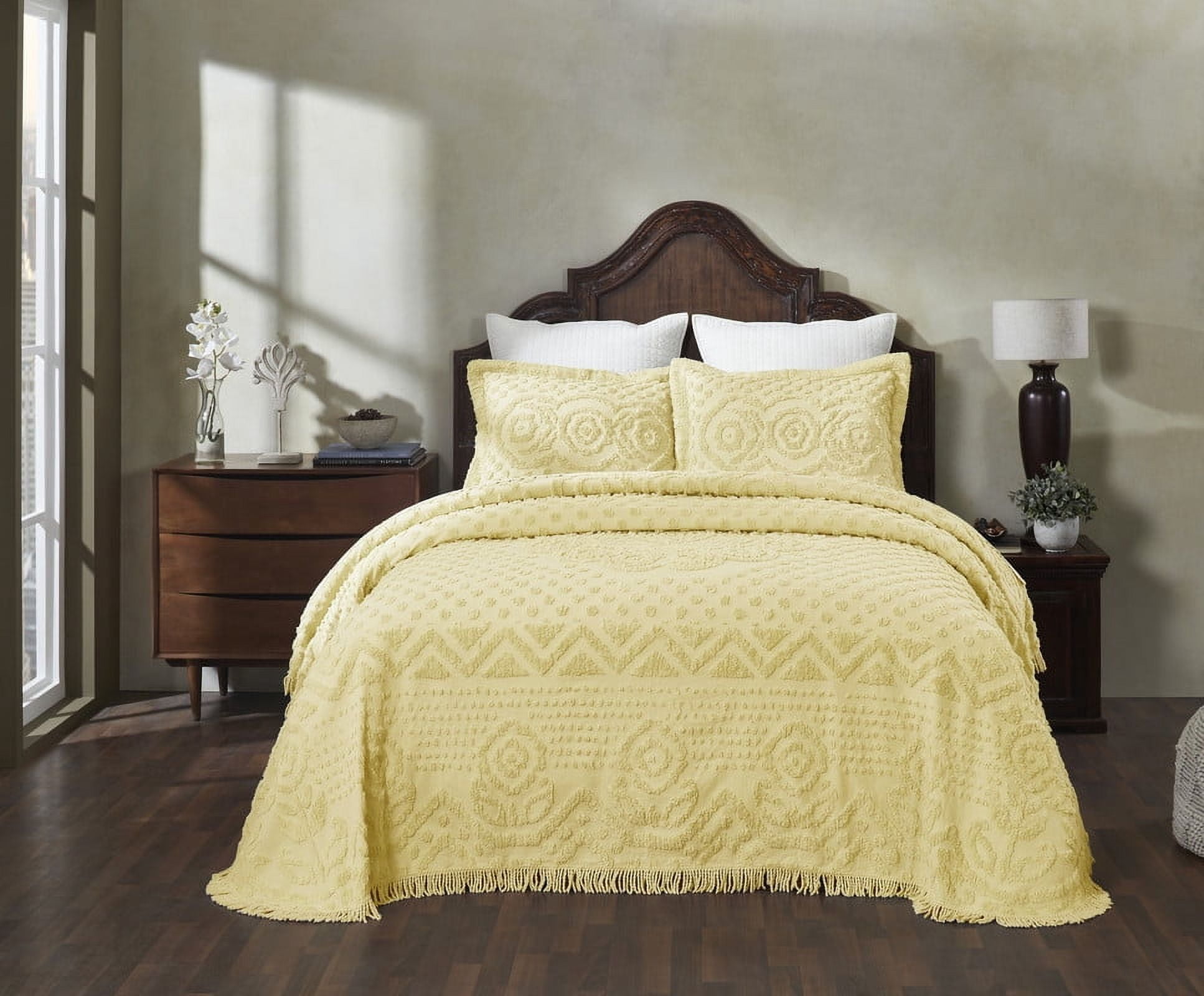 Better Trends 3 Piece Chenille Bedspread Set for Full/Double Bedspread 100% Cotton Medallion Design Lightweight Bedspread for all Season Heirloom Collection (Yellow)