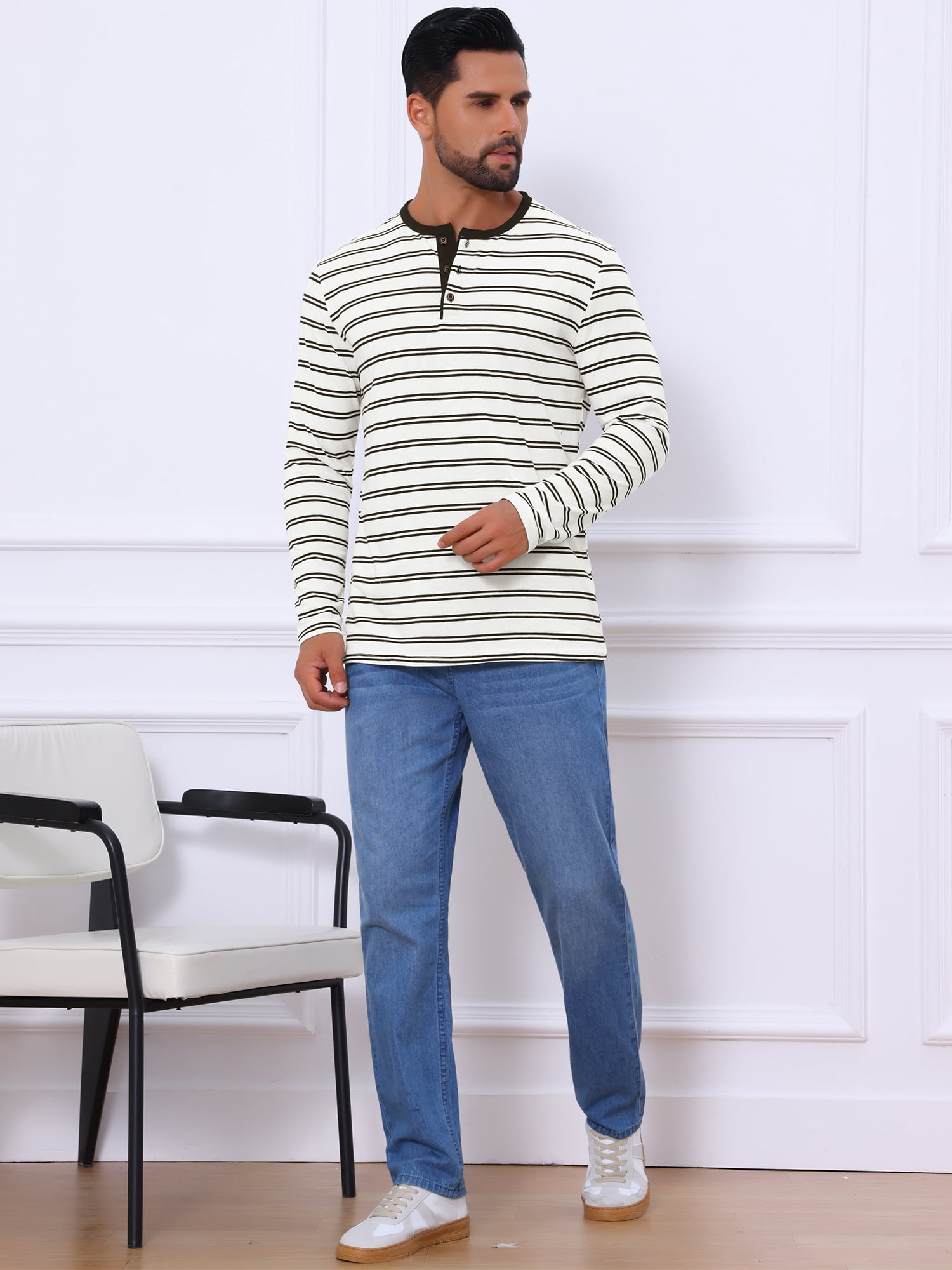 DARING DIVA Men's Long Sleeve Contrasting Colors Striped Henley T-Shirt L White