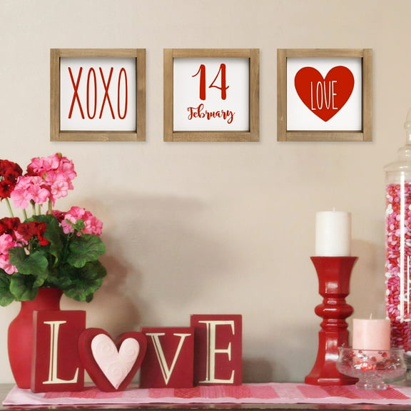 flangairy Set of 3 Valentines Day Sign Decor, 6x6In Wooden Framed XOXO Love February 14th Valentine's Day Decoration for Home Table Tiered Tray Mantel