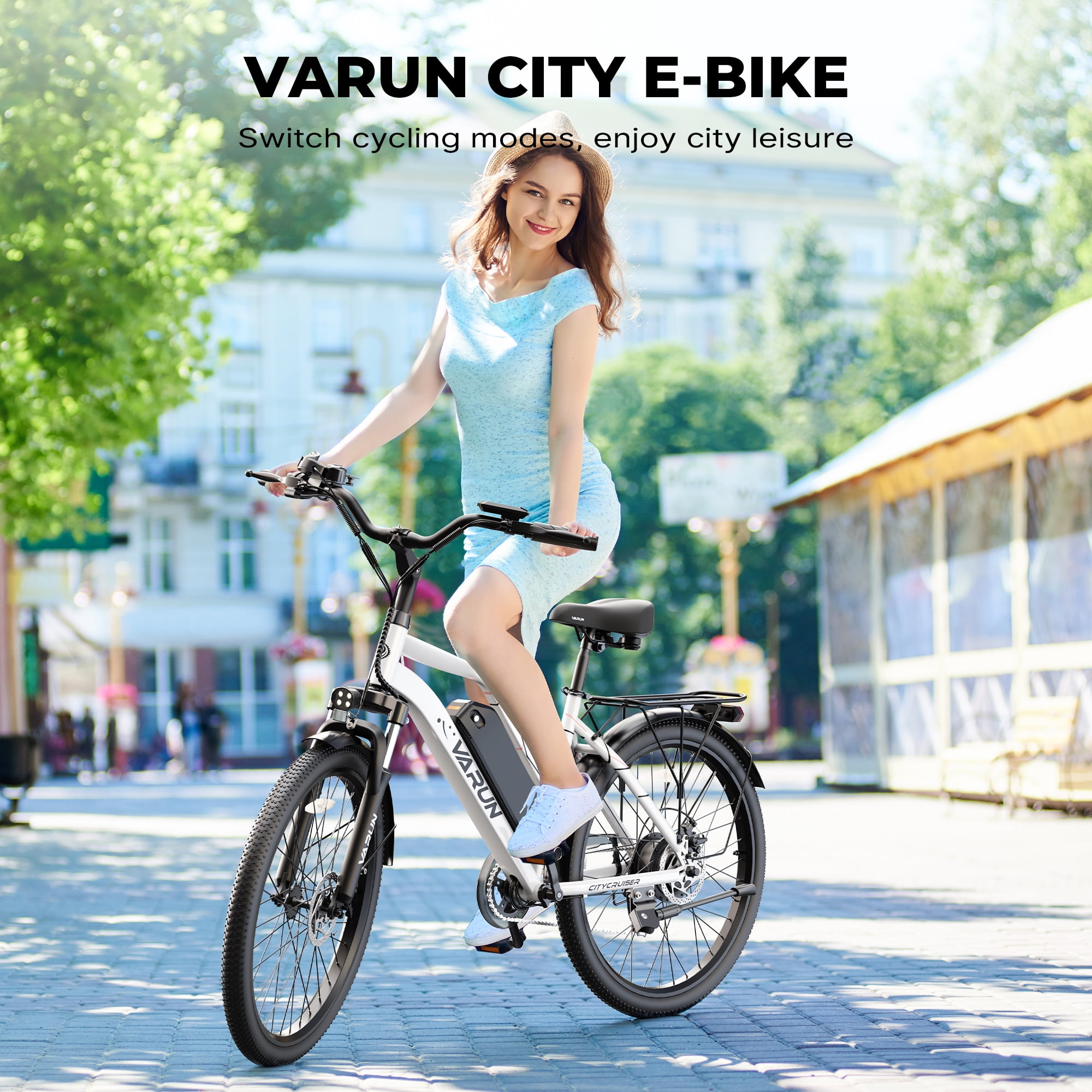 VARUN Electric Bike, 24" EBike with 750W Peak Motor, 48V 374.4Wh Removable Battery, 20+MPH, 7-Speed Gears, Includes Bike Pump, Phone Holder & Bike Lock - Commuter E-Bike for Men & Women, UL2849