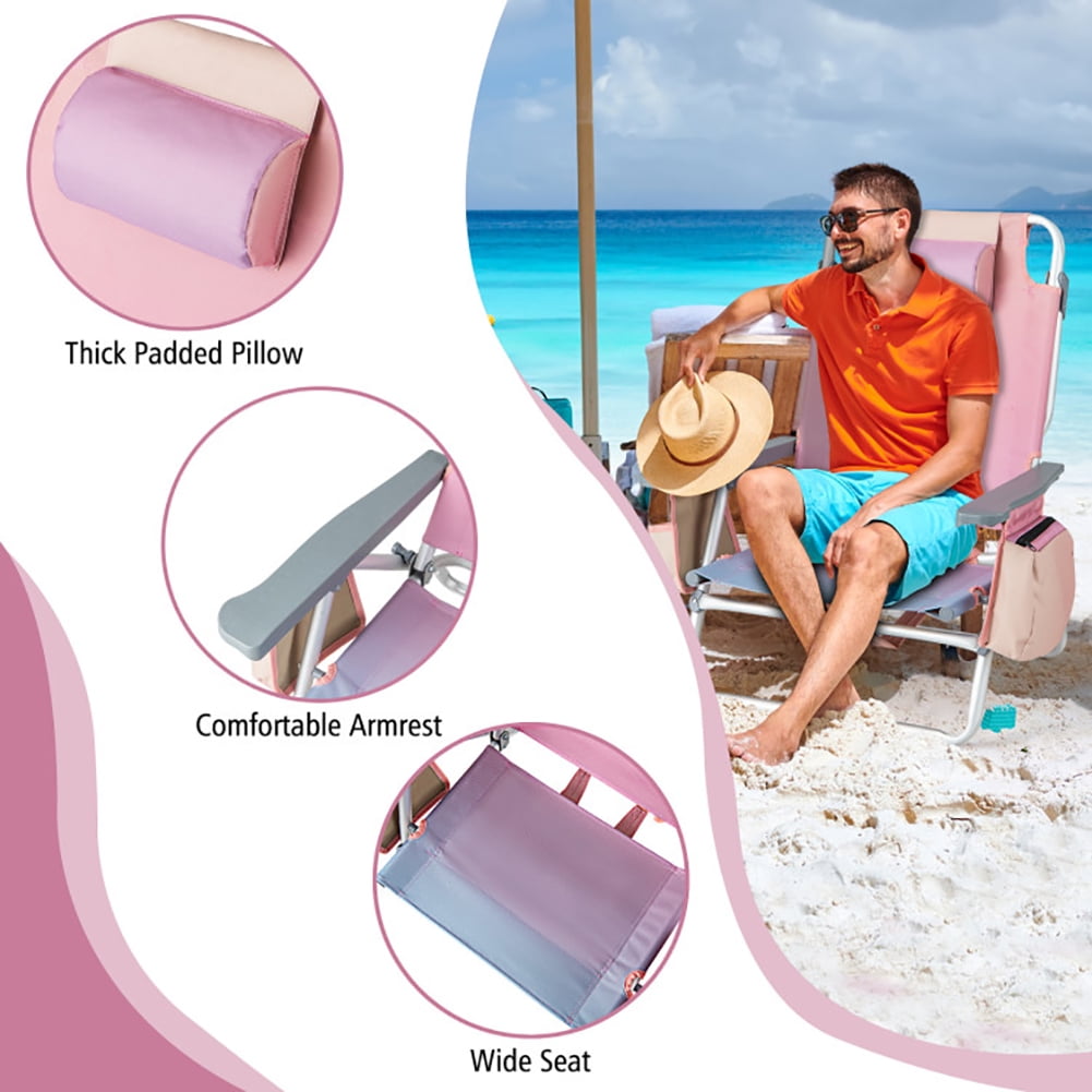 Aimee Lii 2 Packs 5-Position Outdoor Folding Backpack Beach Table Chair Reclining Chair Set, Outdoor Patio Furniture, Pink