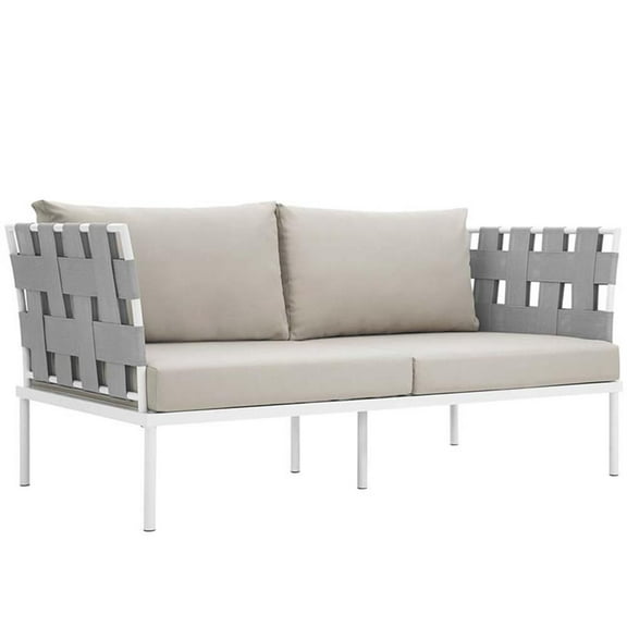 Afuera Living 64" Modern Fabric/Aluminum Patio Loveseat in Beige/White