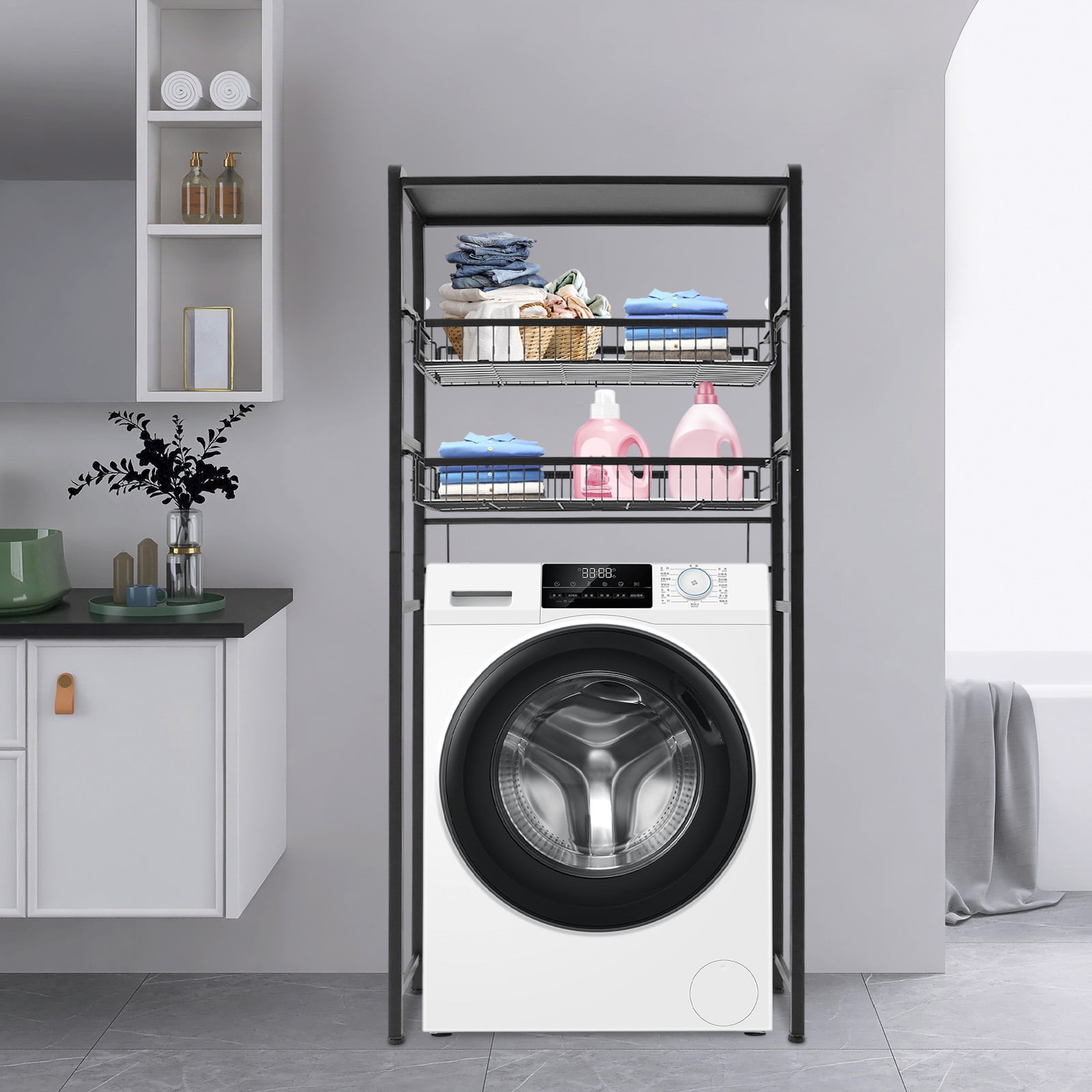 Black Washer Dryer Stacking Rack Stand, Dryer Storage Shelf with 3 Tiered Shelf, Space Saver Shelving Units Freestanding Closet Organizer Storage with Hooks