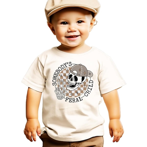 Feral Child Shirt for Boys Funny Retro Skeleton T-Shirt for Toddlers & Kids Natural Shirt 5-6